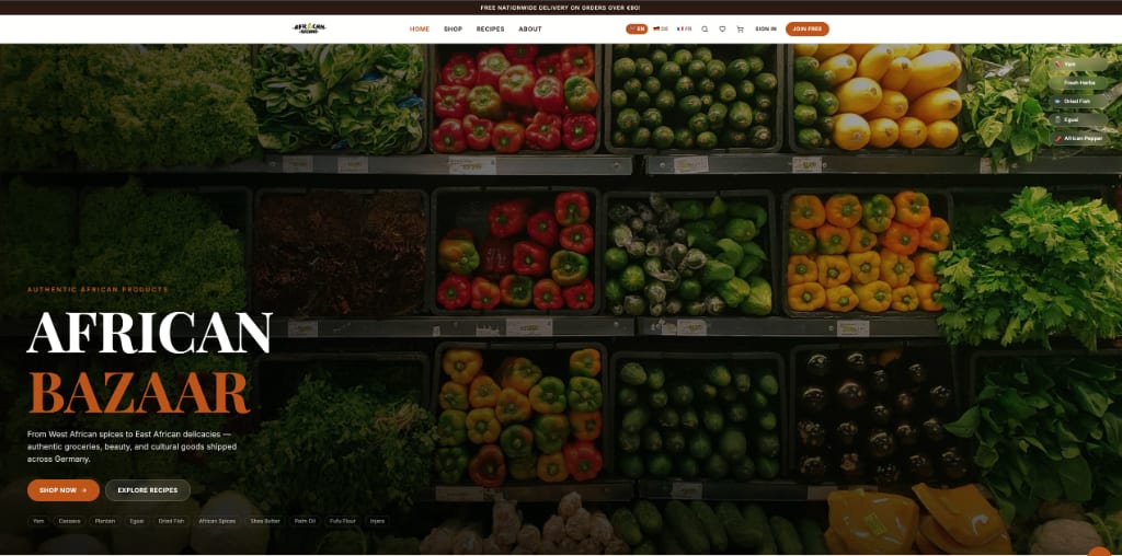 African Bazaar online grocery store homepage with fresh produce
