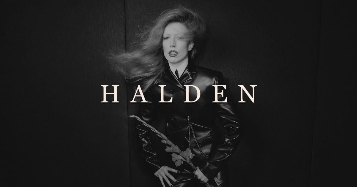 Halden clothing brand homepage with black and white editorial fashion photography