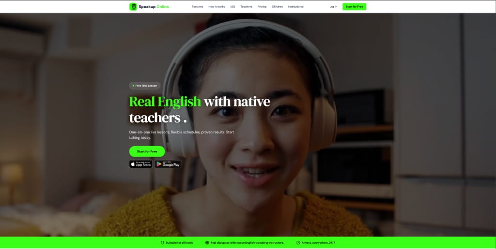 Speakup Online homepage offering English lessons with native teachers